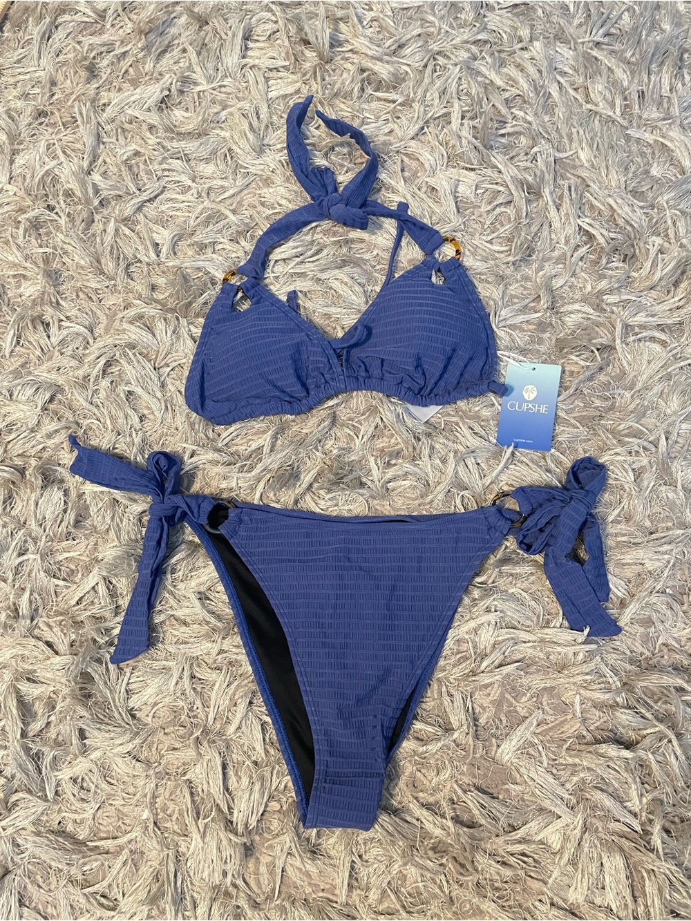 CUPSHE Textured Navy Tie-Side Bikini Set